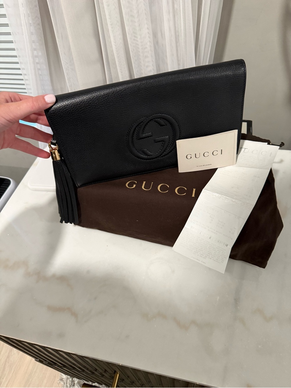 Gucci Black Leather Interlocking G Tassel Clutch